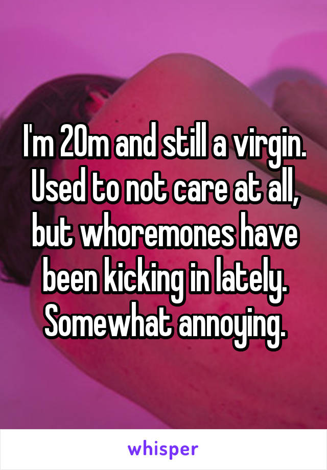 I'm 20m and still a virgin. Used to not care at all, but whoremones have been kicking in lately. Somewhat annoying.