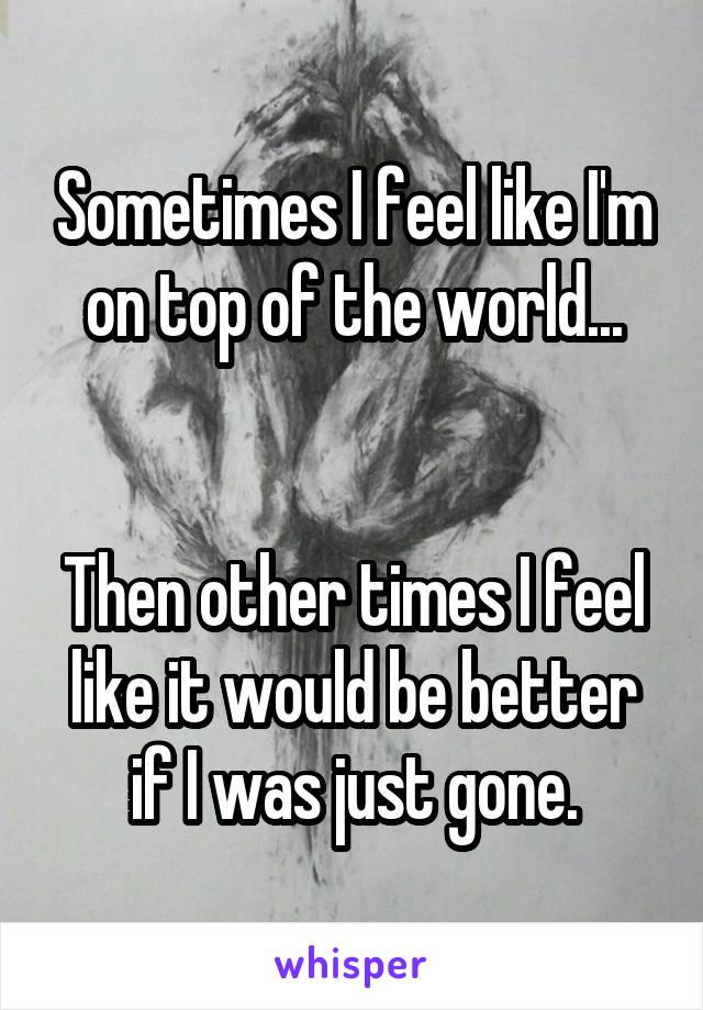 Sometimes I feel like I'm on top of the world...


Then other times I feel like it would be better if I was just gone.