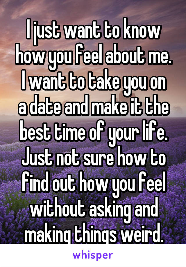 I just want to know how you feel about me.
I want to take you on a date and make it the best time of your life.
Just not sure how to find out how you feel without asking and making things weird.