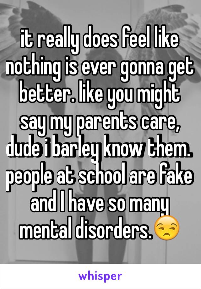 it really does feel like nothing is ever gonna get better. like you might say my parents care, dude i barley know them. people at school are fake and I have so many mental disorders.😒