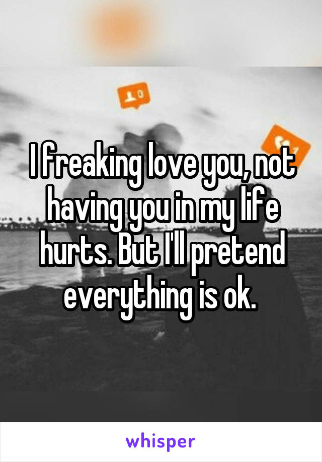 I freaking love you, not having you in my life hurts. But I'll pretend everything is ok. 