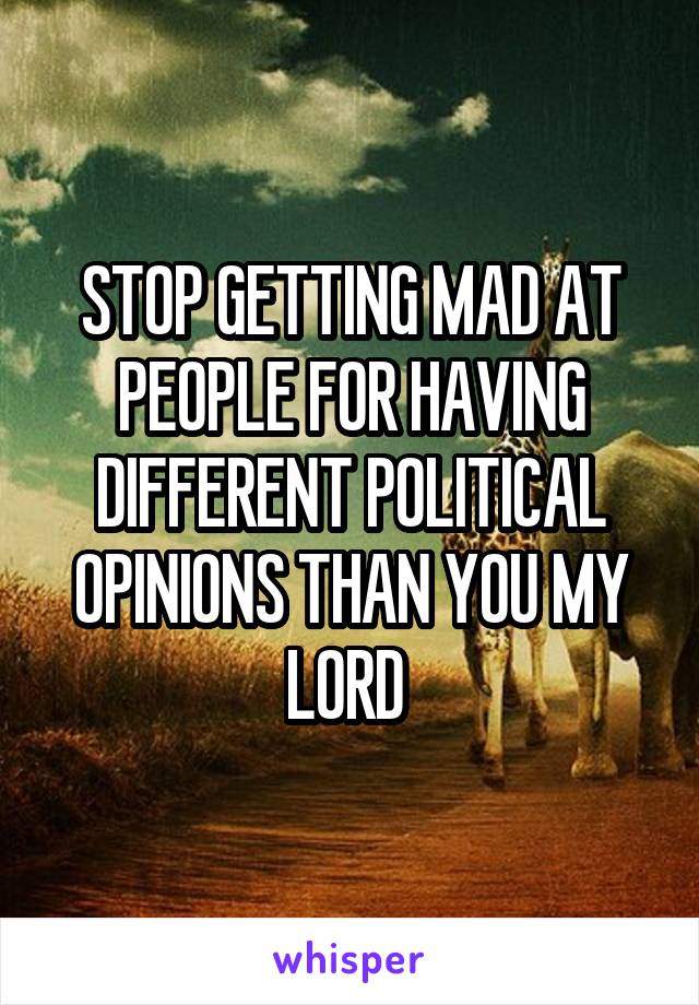 STOP GETTING MAD AT PEOPLE FOR HAVING DIFFERENT POLITICAL OPINIONS THAN YOU MY LORD 