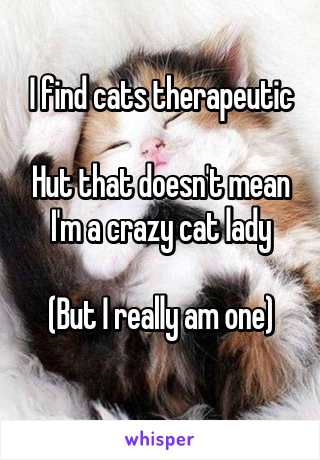 I find cats therapeutic

Hut that doesn't mean I'm a crazy cat lady

(But I really am one)
