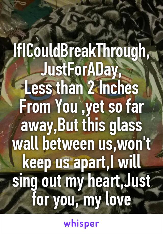 
IfICouldBreakThrough,
JustForADay,
Less than 2 Inches From You ,yet so far away,But this glass wall between us,won't keep us apart,I will sing out my heart,Just for you, my love