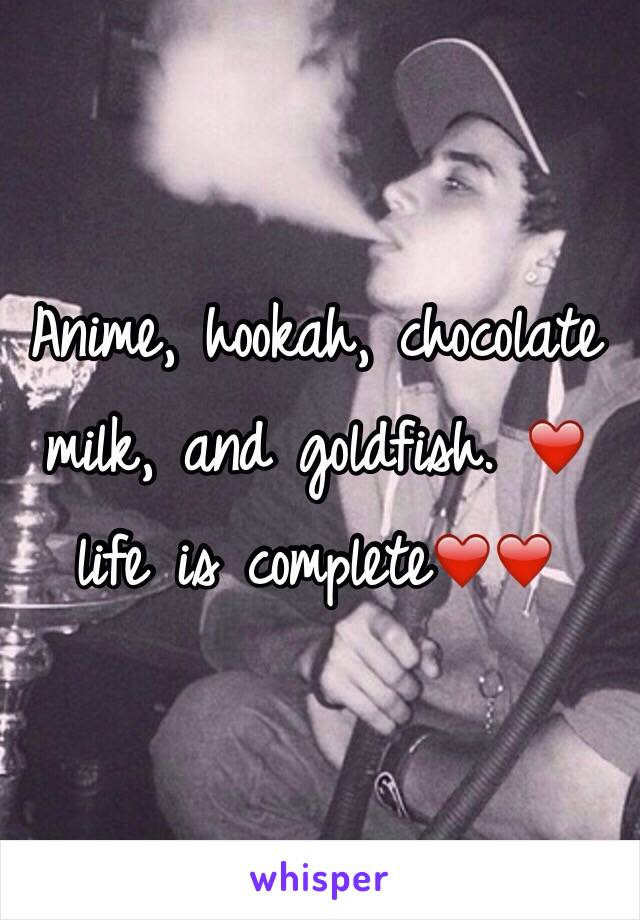 Anime, hookah, chocolate milk, and goldfish. ❤️ life is complete❤️❤️