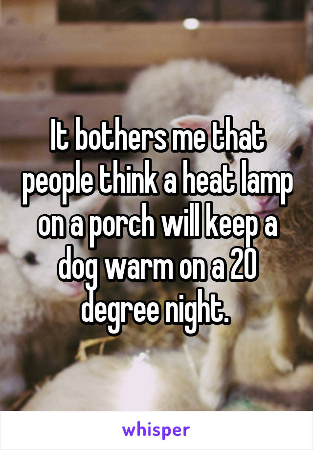 It bothers me that people think a heat lamp on a porch will keep a dog warm on a 20 degree night. 