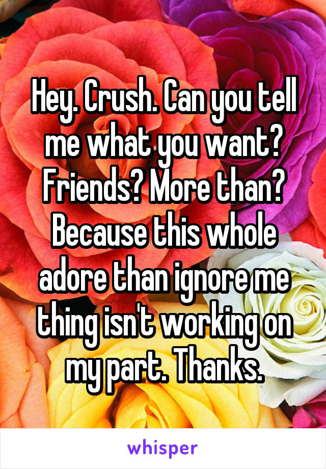 Hey. Crush. Can you tell me what you want? Friends? More than? Because this whole adore than ignore me thing isn't working on my part. Thanks.