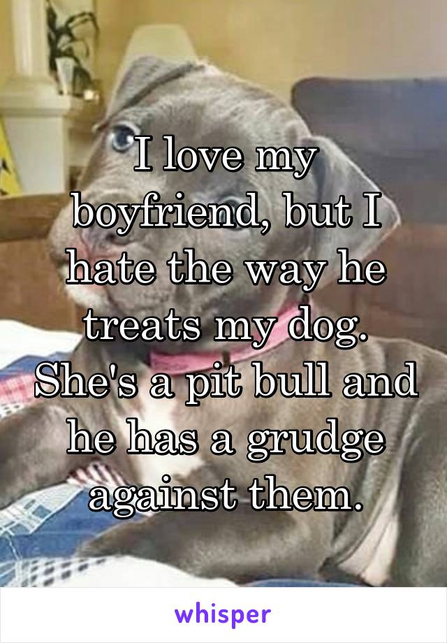 I love my boyfriend, but I hate the way he treats my dog. She's a pit bull and he has a grudge against them.