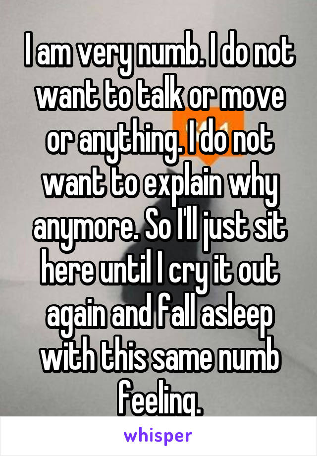 I am very numb. I do not want to talk or move or anything. I do not want to explain why anymore. So I'll just sit here until I cry it out again and fall asleep with this same numb feeling.