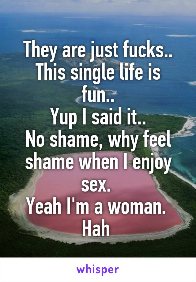 They are just fucks..
This single life is fun..
Yup I said it..
No shame, why feel shame when I enjoy sex. 
Yeah I'm a woman. 
Hah 