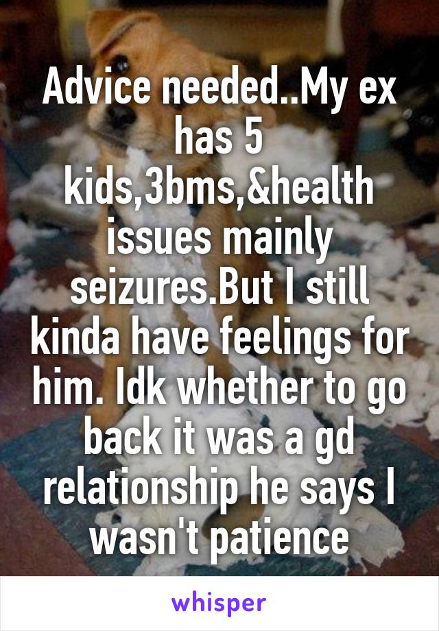 Advice needed..My ex has 5 kids,3bms,&health issues mainly seizures.But I still kinda have feelings for him. Idk whether to go back it was a gd relationship he says I wasn't patience