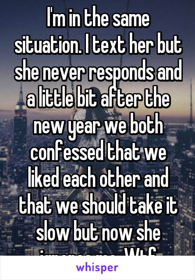I'm in the same situation. I text her but she never responds and a little bit after the new year we both confessed that we liked each other and that we should take it slow but now she ignores me. Wtf