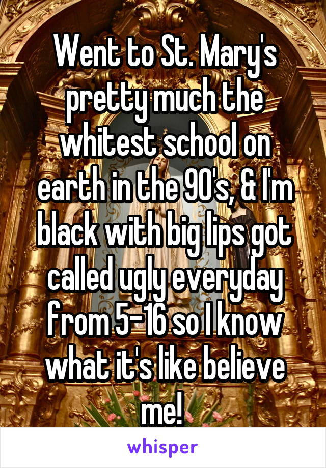 Went to St. Mary's pretty much the whitest school on earth in the 90's, & I'm black with big lips got called ugly everyday from 5-16 so I know what it's like believe me! 