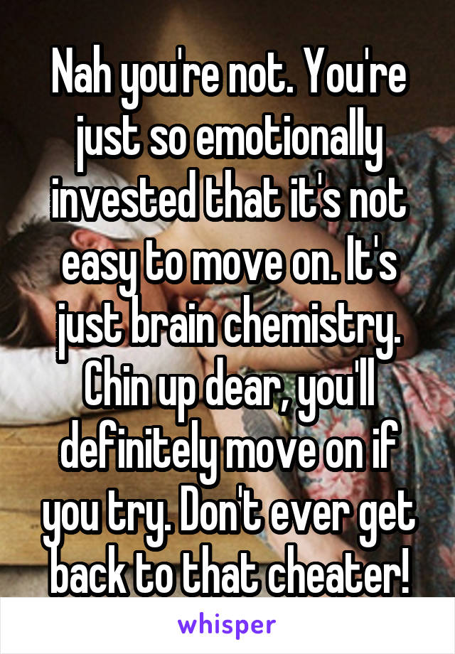 Nah you're not. You're just so emotionally invested that it's not easy to move on. It's just brain chemistry. Chin up dear, you'll definitely move on if you try. Don't ever get back to that cheater!