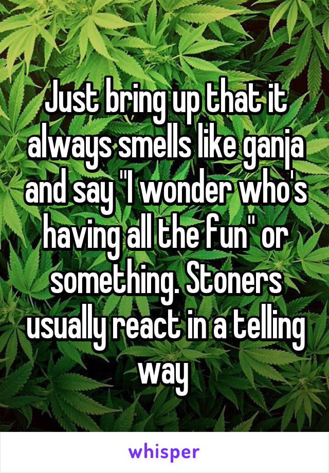 Just bring up that it always smells like ganja and say "I wonder who's having all the fun" or something. Stoners usually react in a telling way 