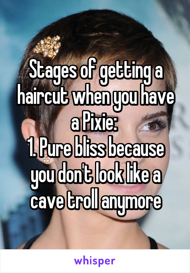 Stages of getting a haircut when you have a Pixie: 
1. Pure bliss because you don't look like a cave troll anymore