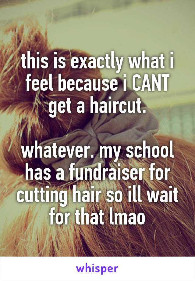 this is exactly what i feel because i CANT get a haircut.

whatever. my school has a fundraiser for cutting hair so ill wait for that lmao