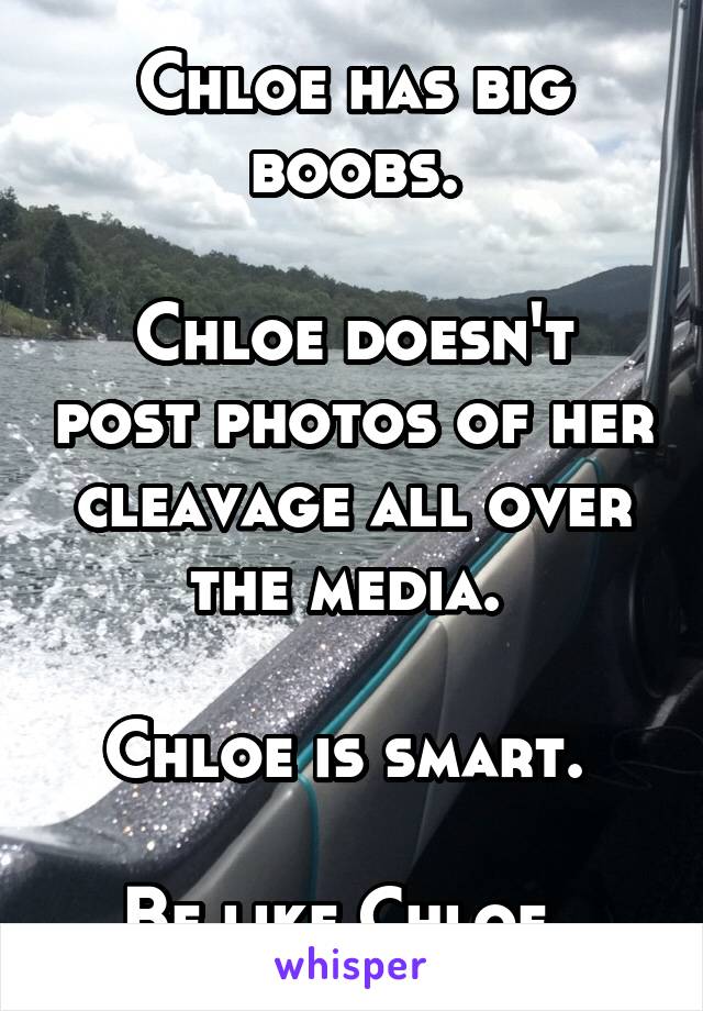 Chloe has big boobs.

Chloe doesn't post photos of her cleavage all over the media. 

Chloe is smart. 

Be like Chloe. 