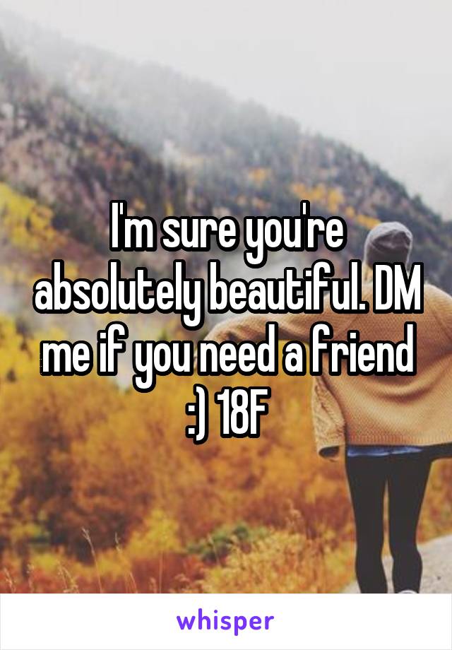 I'm sure you're absolutely beautiful. DM me if you need a friend :) 18F