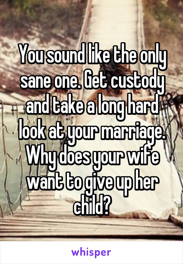 You sound like the only sane one. Get custody and take a long hard look at your marriage. Why does your wife want to give up her child?