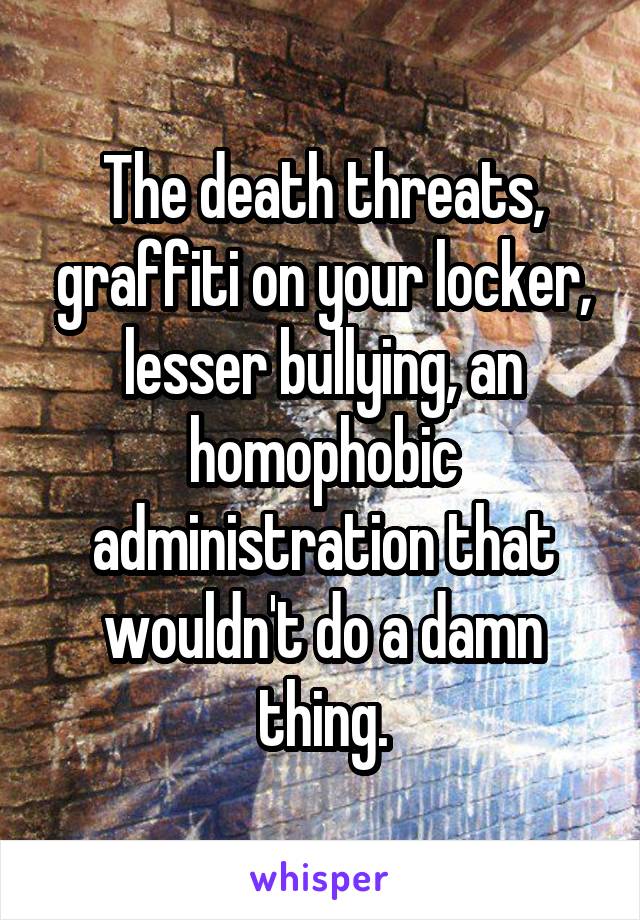 The death threats, graffiti on your locker, lesser bullying, an homophobic administration that wouldn't do a damn thing.