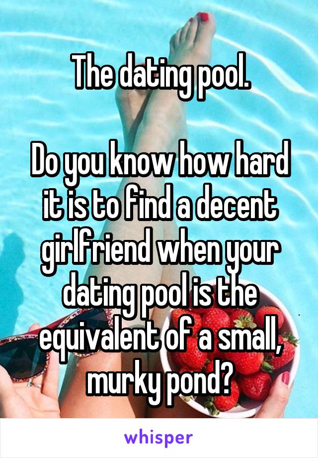 The dating pool.

Do you know how hard it is to find a decent girlfriend when your dating pool is the equivalent of a small, murky pond?