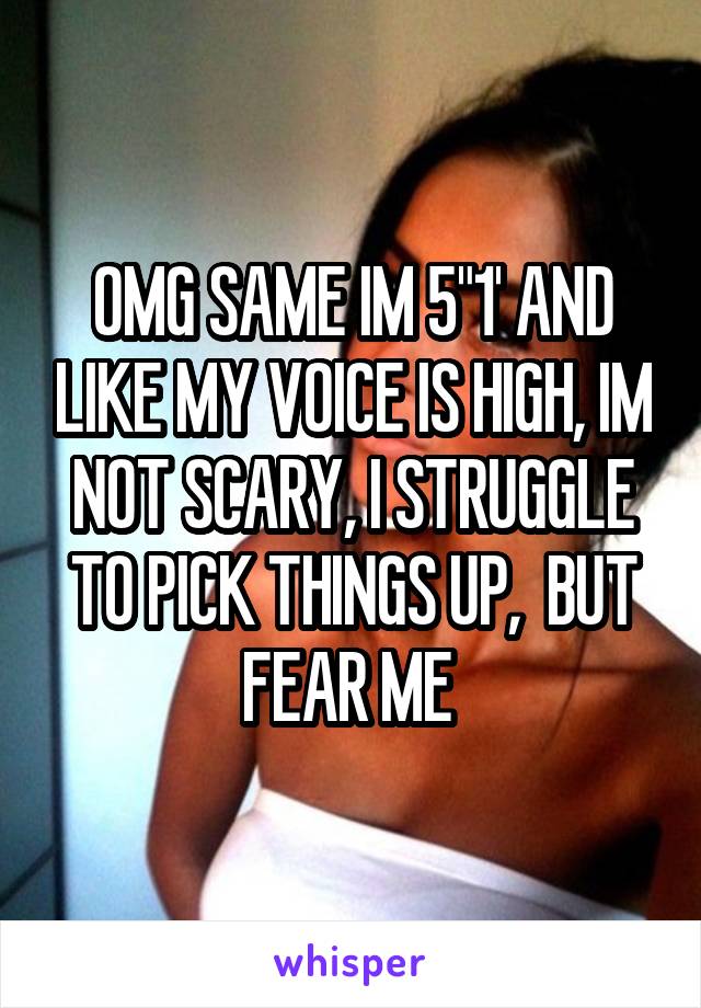 OMG SAME IM 5"1' AND LIKE MY VOICE IS HIGH, IM NOT SCARY, I STRUGGLE TO PICK THINGS UP,  BUT FEAR ME 