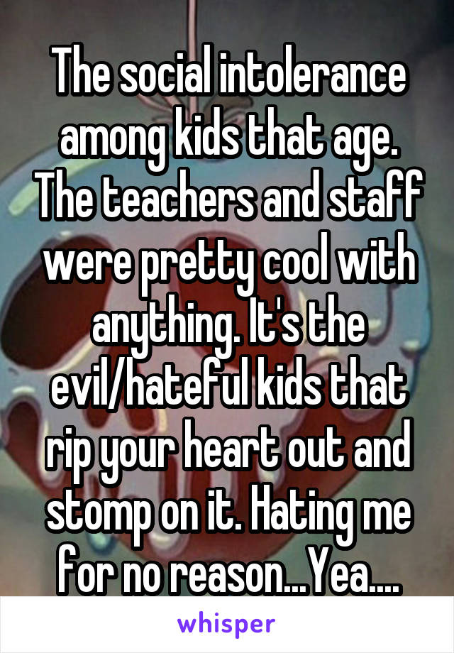 The social intolerance among kids that age. The teachers and staff were pretty cool with anything. It's the evil/hateful kids that rip your heart out and stomp on it. Hating me for no reason...Yea....