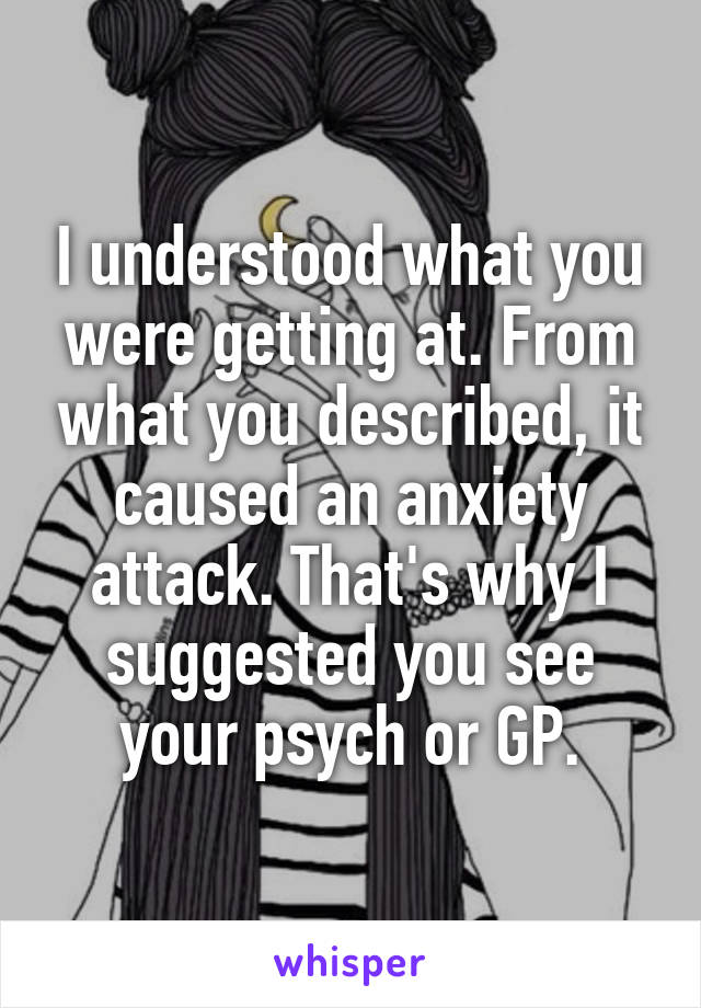 I understood what you were getting at. From what you described, it caused an anxiety attack. That's why I suggested you see your psych or GP.