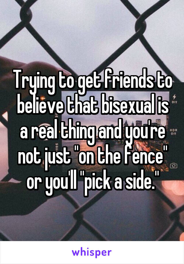 Trying to get friends to believe that bisexual is a real thing and you're not just "on the fence" or you'll "pick a side."