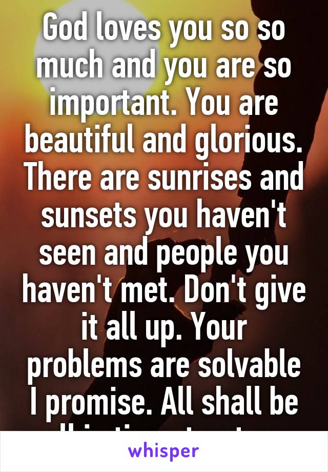 God loves you so so much and you are so important. You are beautiful and glorious. There are sunrises and sunsets you haven't seen and people you haven't met. Don't give it all up. Your problems are solvable I promise. All shall be well in time, trust me. 