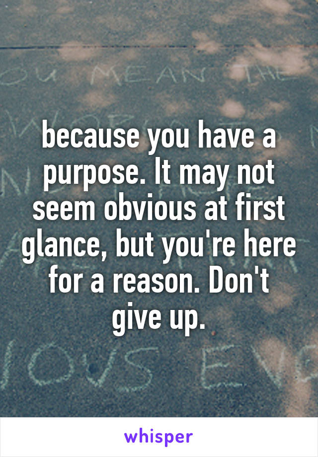 because you have a purpose. It may not seem obvious at first glance, but you're here for a reason. Don't give up.