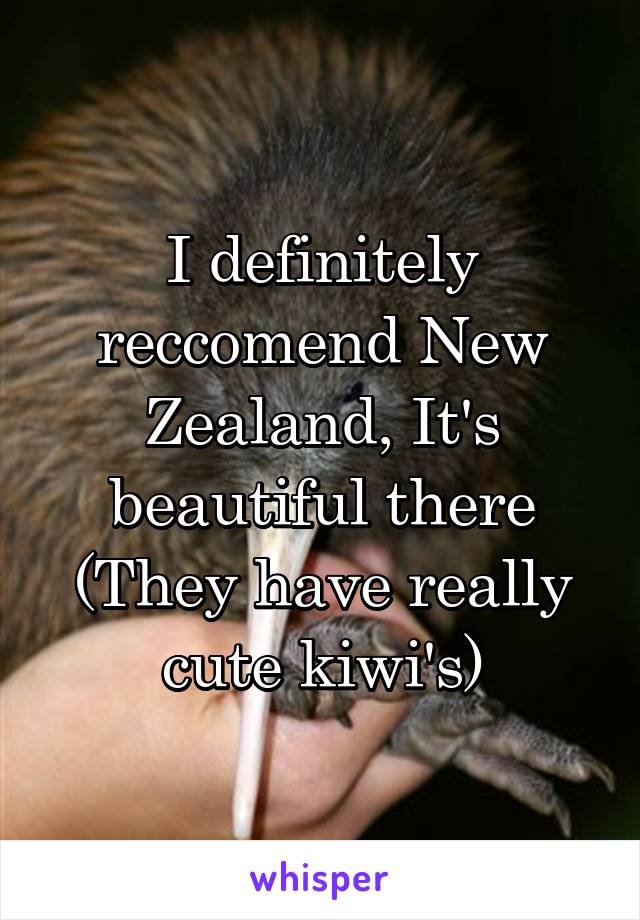 I definitely reccomend New Zealand, It's beautiful there
(They have really cute kiwi's)