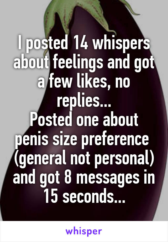 I posted 14 whispers about feelings and got a few likes, no replies...
Posted one about penis size preference  (general not personal) and got 8 messages in 15 seconds...