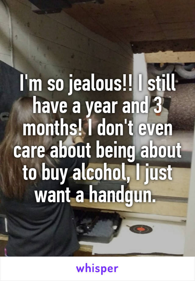 I'm so jealous!! I still have a year and 3 months! I don't even care about being about to buy alcohol, I just want a handgun. 