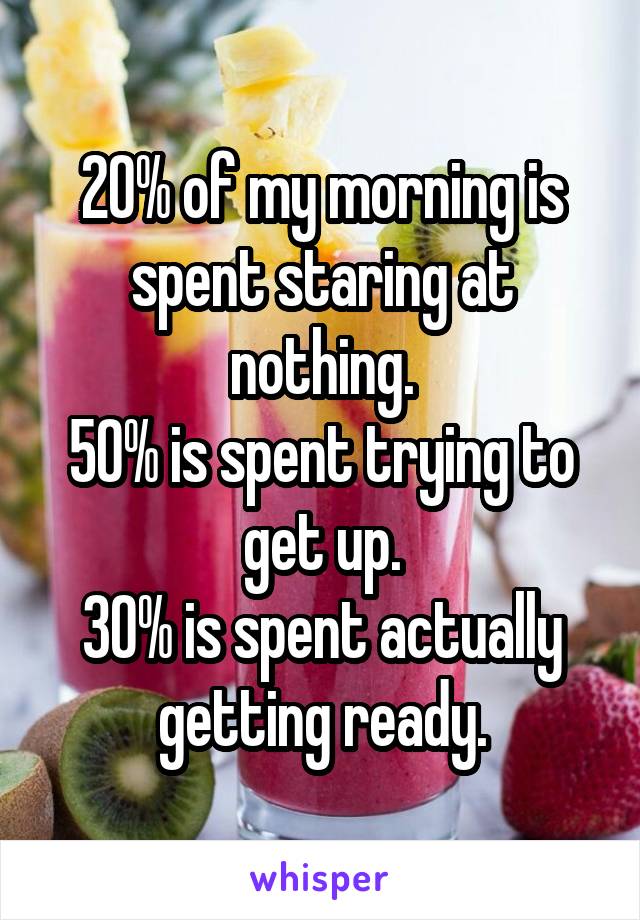 20% of my morning is spent staring at nothing.
50% is spent trying to get up.
30% is spent actually getting ready.