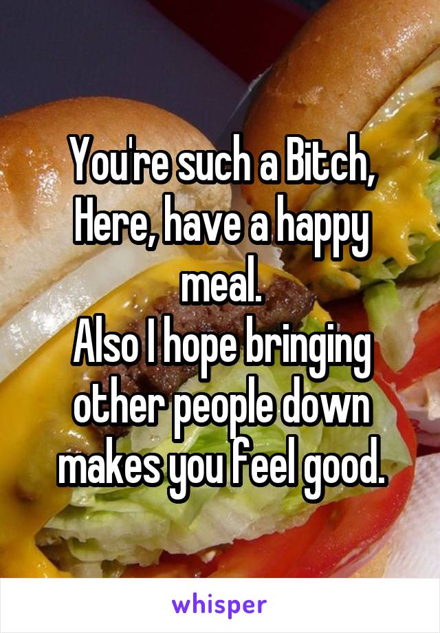 You're such a Bitch,
Here, have a happy meal.
Also I hope bringing other people down makes you feel good.