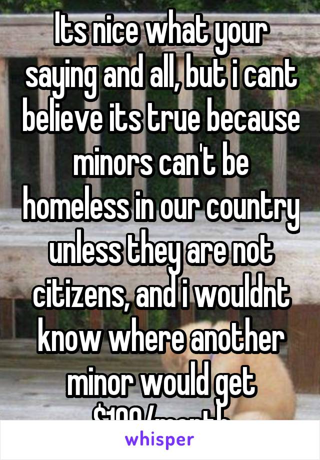 Its nice what your saying and all, but i cant believe its true because minors can't be homeless in our country unless they are not citizens, and i wouldnt know where another minor would get $100/month