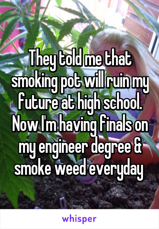 They told me that smoking pot will ruin my future at high school. Now I'm having finals on my engineer degree & smoke weed everyday 