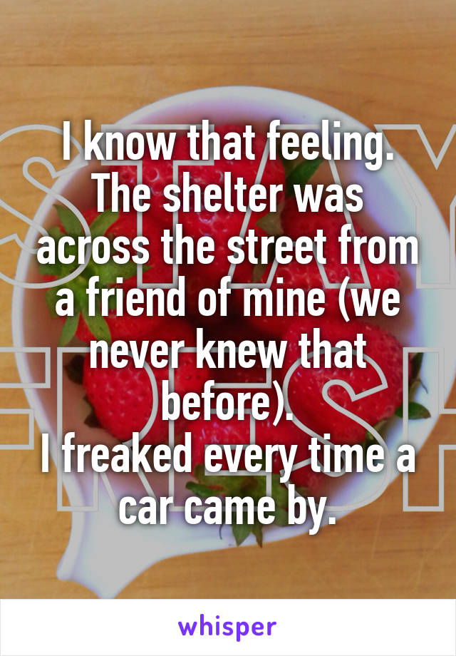 I know that feeling.
The shelter was across the street from a friend of mine (we never knew that before).
I freaked every time a car came by.