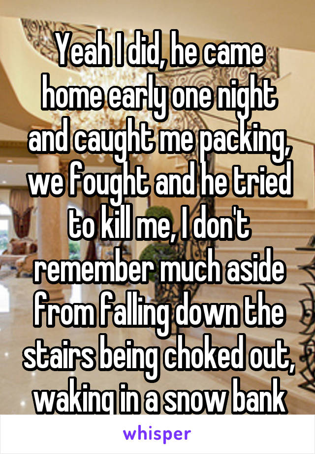 Yeah I did, he came home early one night and caught me packing, we fought and he tried to kill me, I don't remember much aside from falling down the stairs being choked out, waking in a snow bank