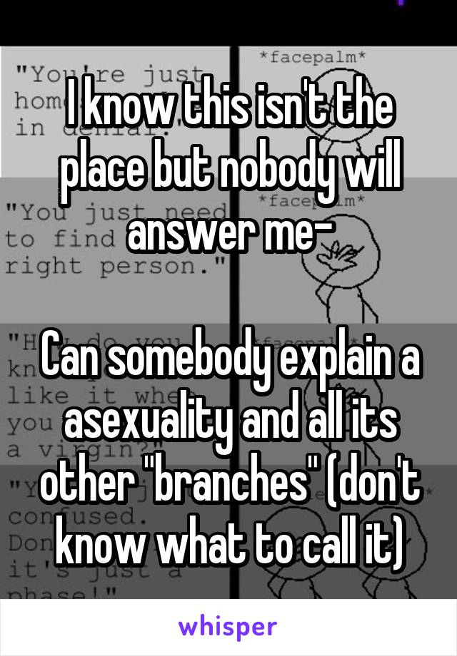 I know this isn't the place but nobody will answer me-

Can somebody explain a asexuality and all its other "branches" (don't know what to call it)