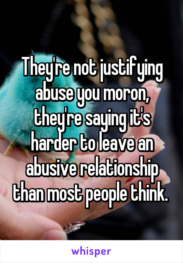 They're not justifying abuse you moron, they're saying it's harder to leave an abusive relationship than most people think. 