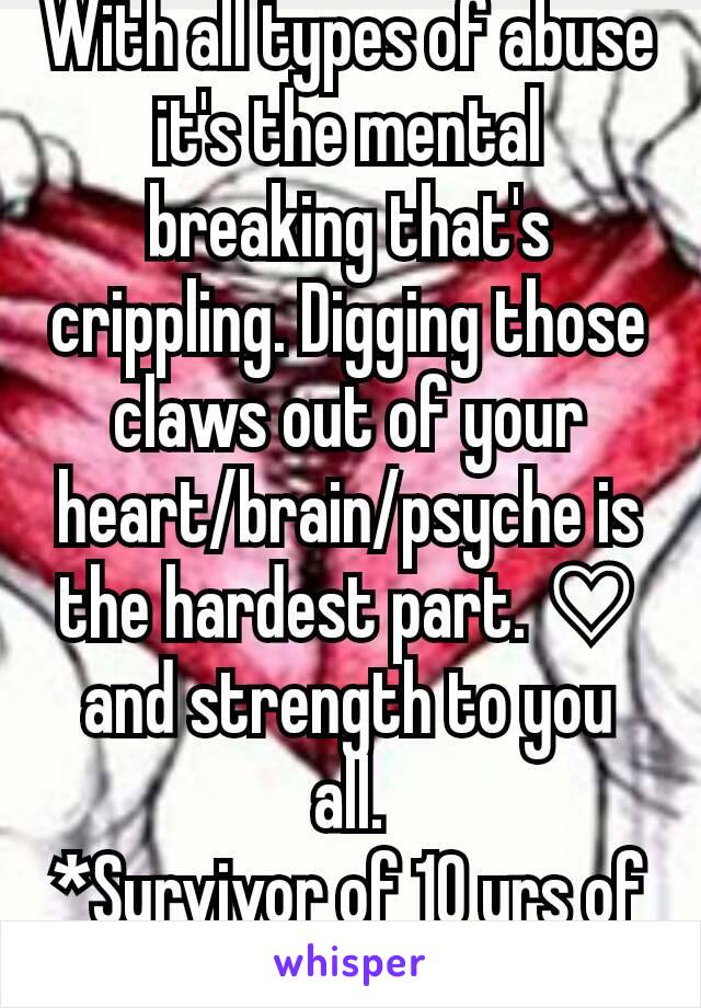 With all types of abuse it's the mental breaking that's crippling. Digging those claws out of your heart/brain/psyche is the hardest part. ♡ and strength to you all.
*Survivor of 10 yrs of abuse here*