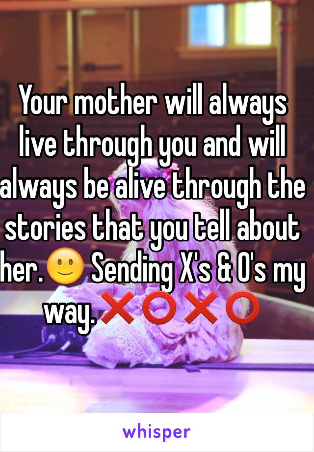 Your mother will always live through you and will always be alive through the stories that you tell about her.🙂 Sending X's & O's my way.❌⭕️❌⭕️