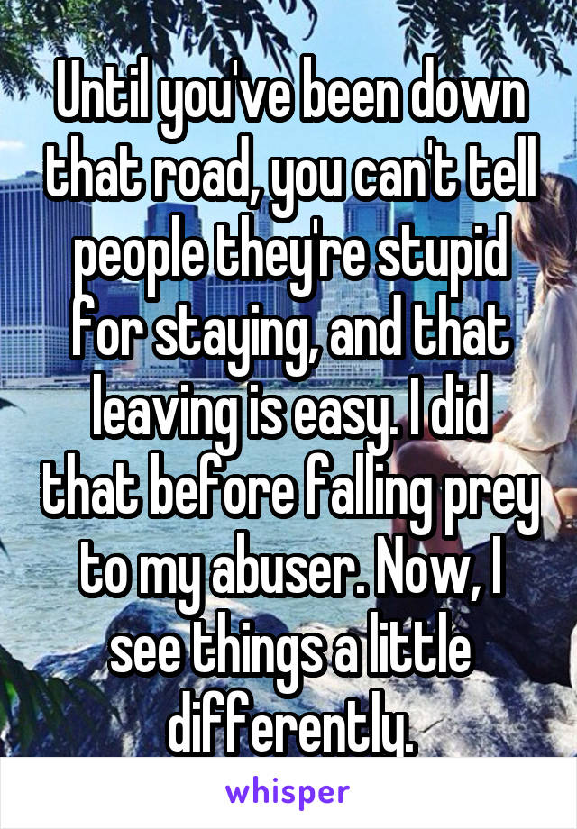 Until you've been down that road, you can't tell people they're stupid for staying, and that leaving is easy. I did that before falling prey to my abuser. Now, I see things a little differently.