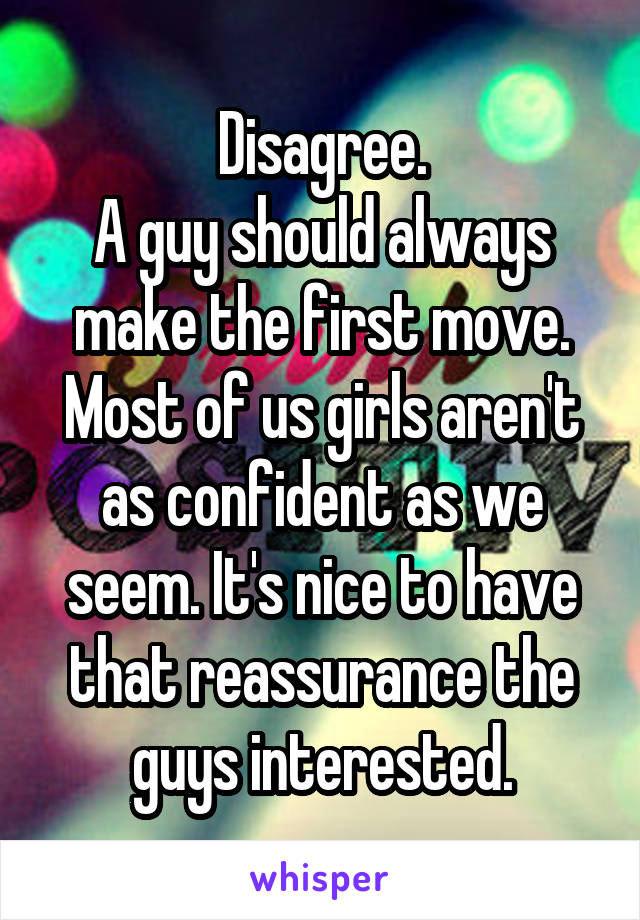 Disagree.
A guy should always make the first move. Most of us girls aren't as confident as we seem. It's nice to have that reassurance the guys interested.