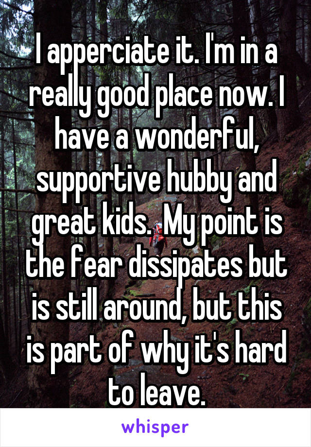 I apperciate it. I'm in a really good place now. I have a wonderful, supportive hubby and great kids.  My point is the fear dissipates but is still around, but this is part of why it's hard to leave.