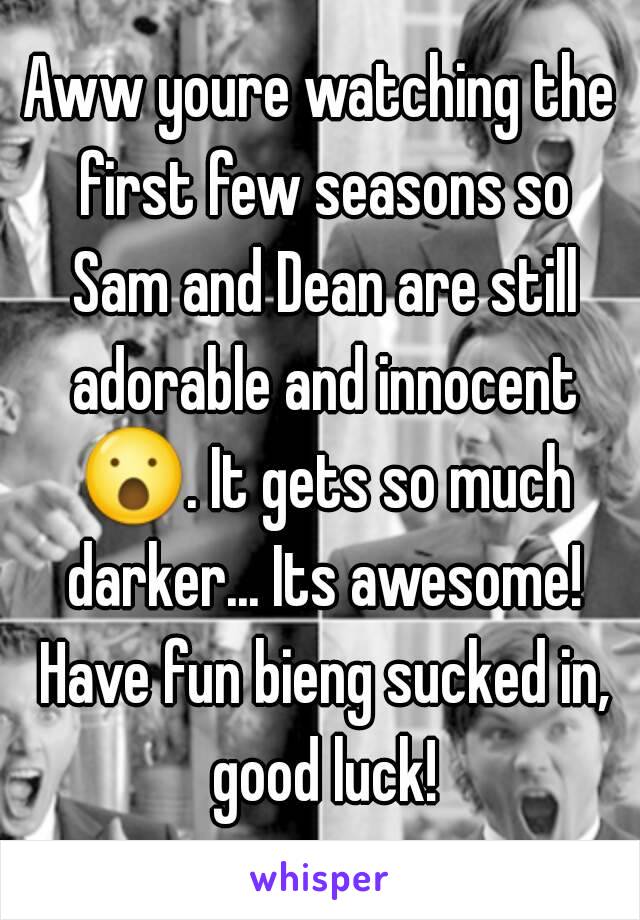 Aww youre watching the first few seasons so Sam and Dean are still adorable and innocent 😮. It gets so much darker... Its awesome! Have fun bieng sucked in, good luck!