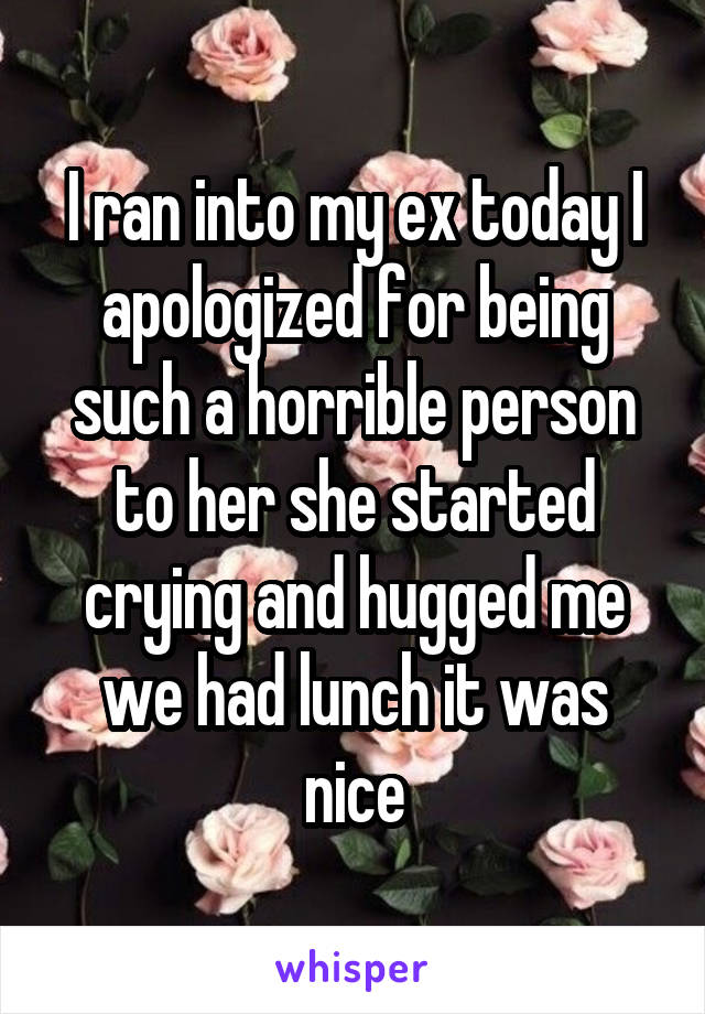 I ran into my ex today I apologized for being such a horrible person to her she started crying and hugged me we had lunch it was nice